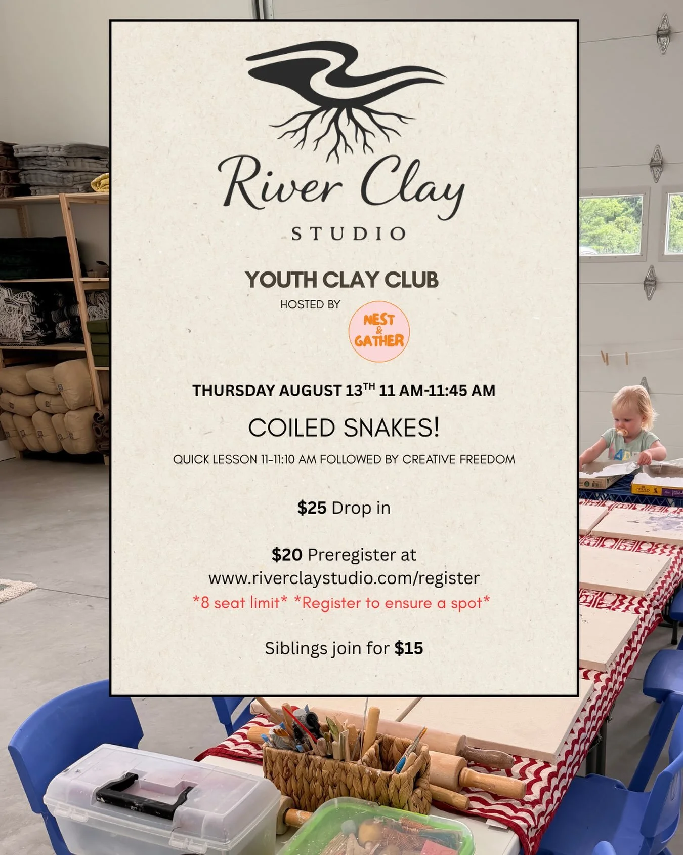 Coiled snakes! 🐍 
Thursday August 13th 11-11:45
Reserve your child&rsquo;s seat at RiverClayStudio.com/register