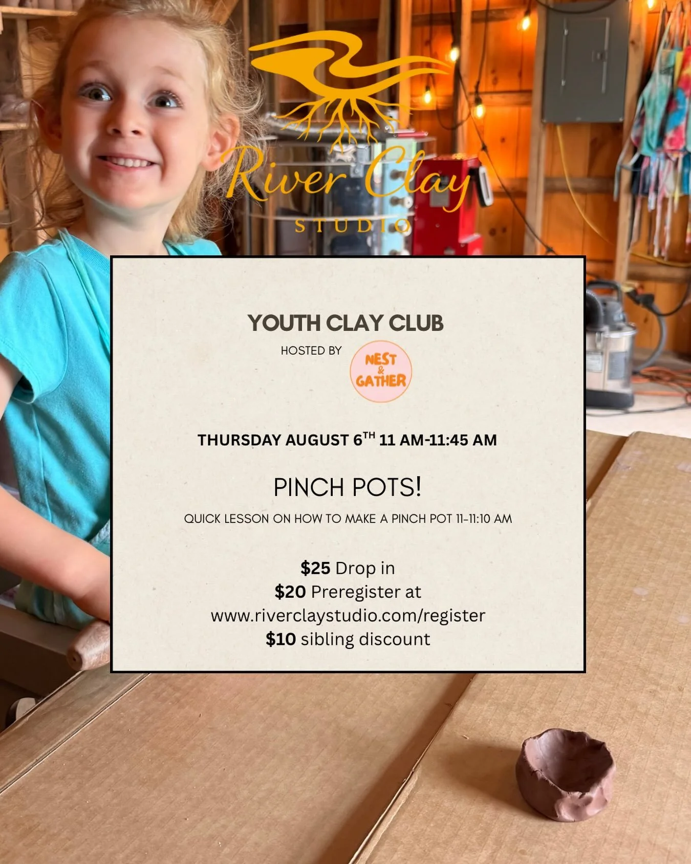 Pinch Pots on Thursday, August 6th!
$20 preregister
$25 drop in
$10 siblings join 

www.riverclaystudio.com/register