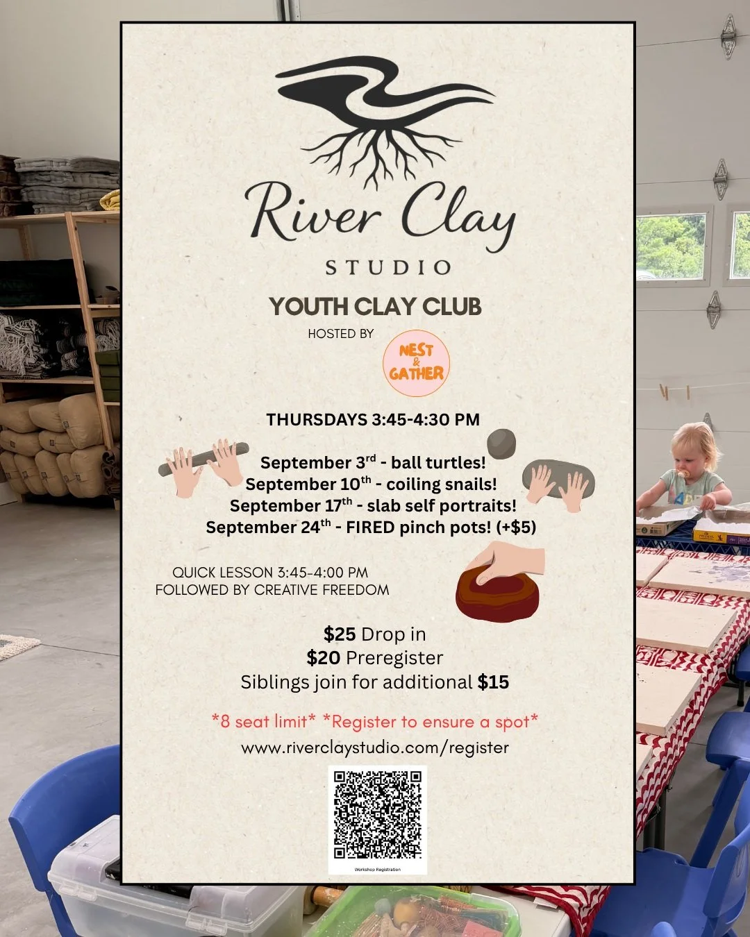 September at a glance for Youth Clay Club! I do a brief focus on a hand building technique that will help them develop skills to build whatever their hearts desire! The rest of the session can be spent on a suggested project or just exploring sensory