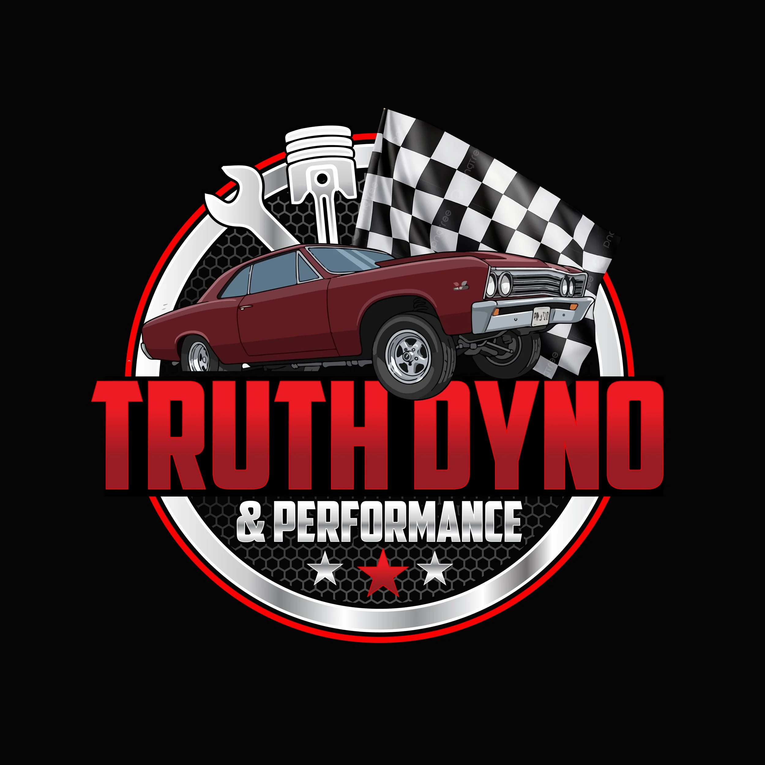 Illustration of a classic red muscle car with a checkered flag in the background, surrounded by racing icons and text for auto repair and performance.