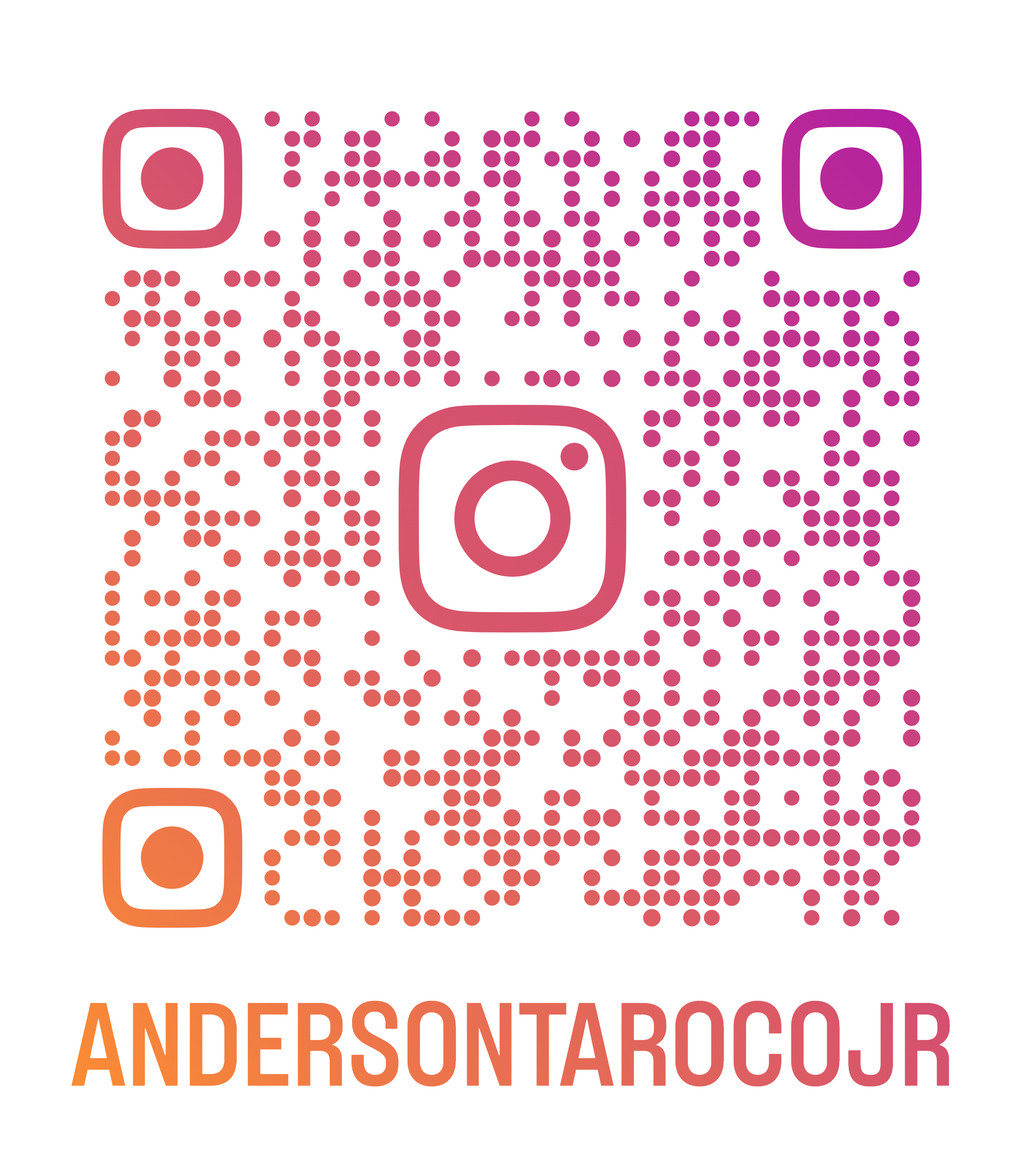 Código QR com as cores degradê de vermelho a roxo, com o texto 'ANDERSONTAROCOJR' na parte inferior.