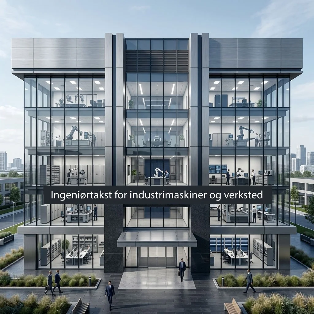 Fasade av et moderne kontorbygg med store vinduer og synlige industri- og teknologiarbeidsrom innendørs.