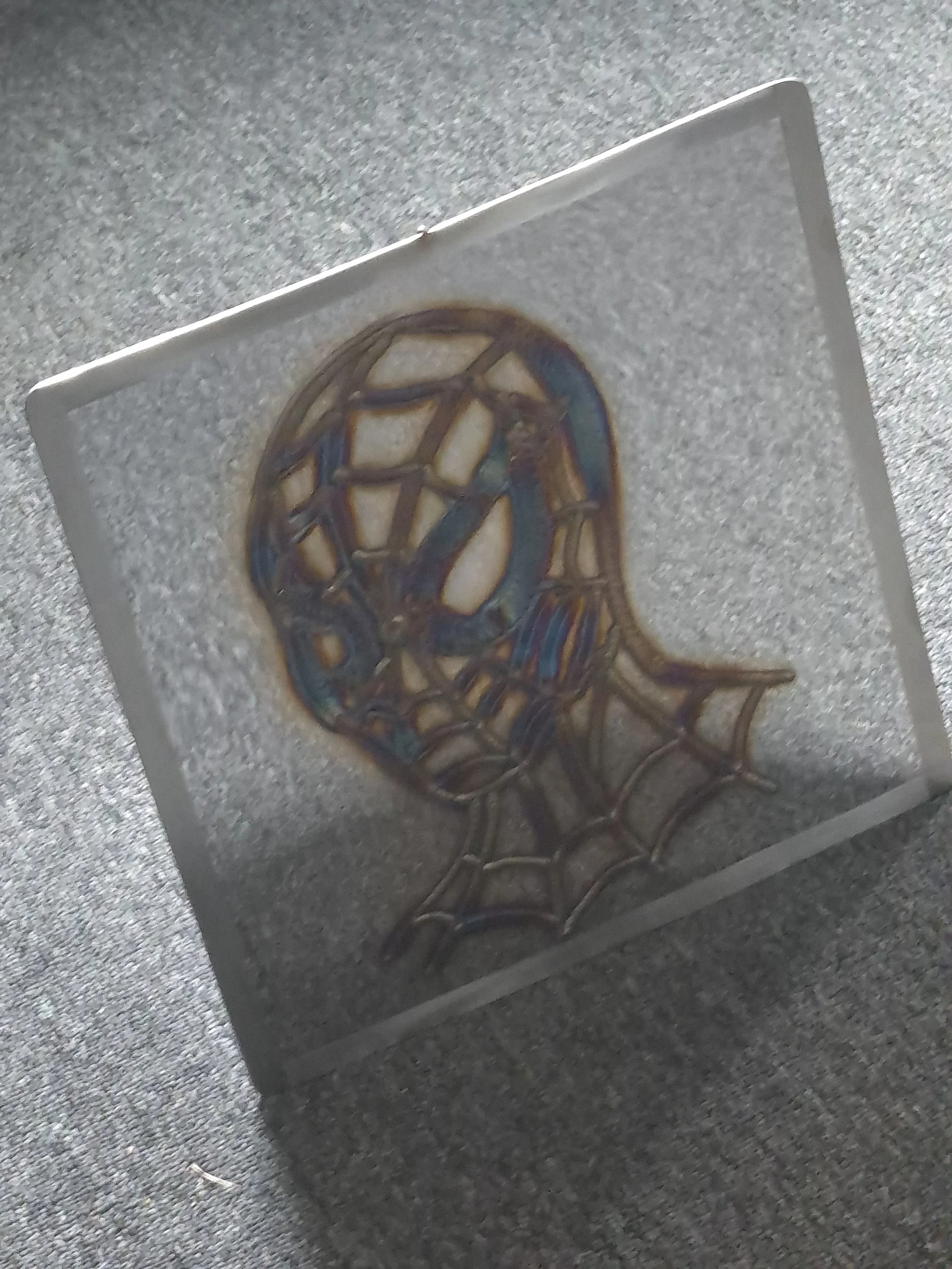 Spider-Man Art - handcrafted superhero-inspired art. Perfect for comic lovers, collectors, man caves, or unique home decor. This custom piece is displayed on a web-inspired frame backing. | Price: ?? | Quantity in stock: 1