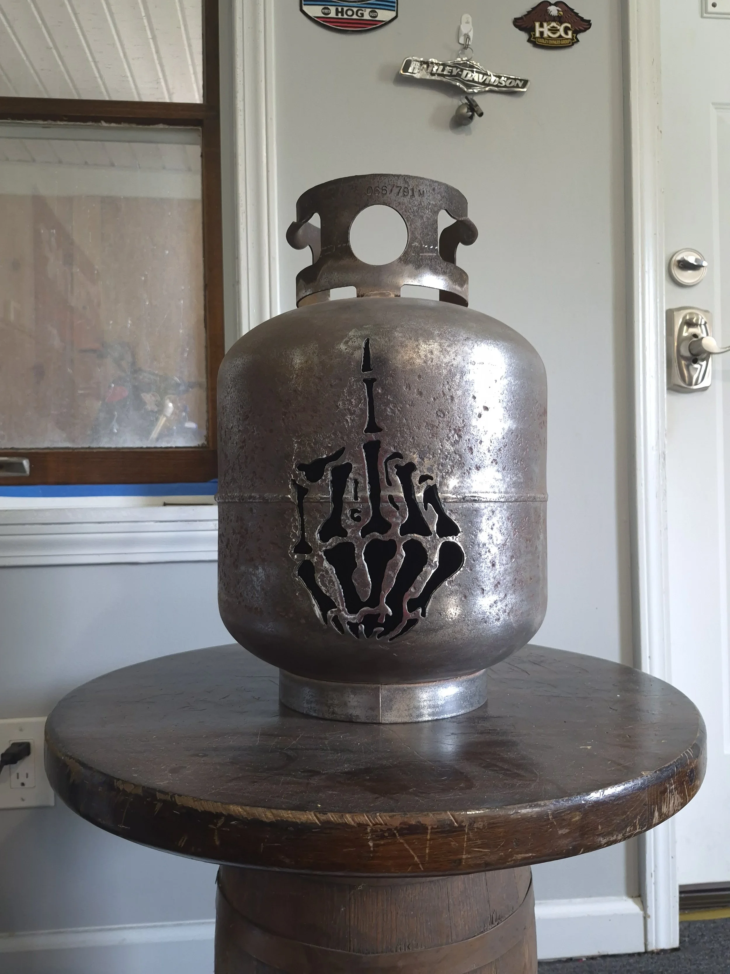Scrap O' Lantern made from a repurposed tank transformed into edgy custom decor. Great for man cave, garage or anywhere!

| Price: $100 |
Quantity in stock: 1