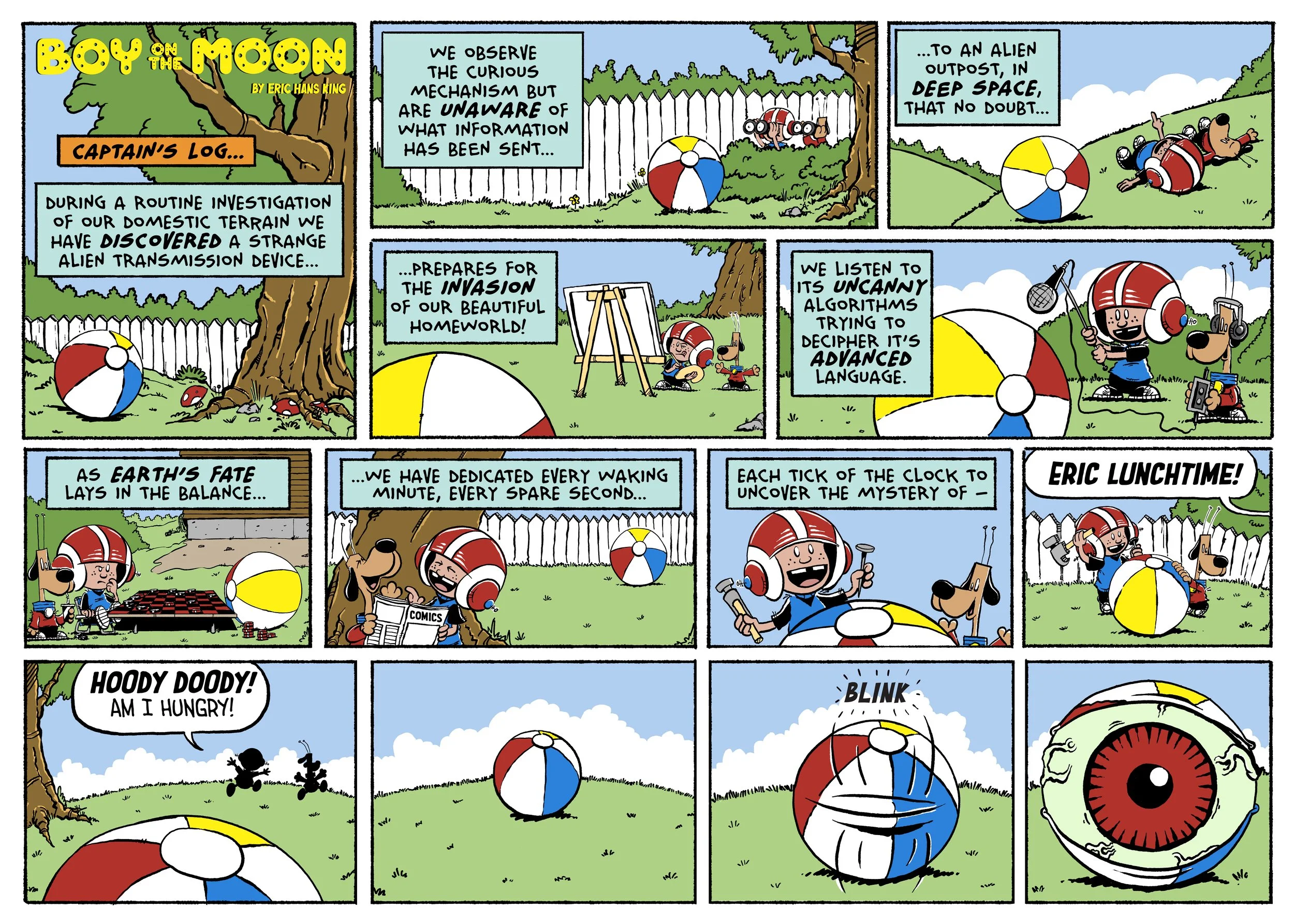 A colorful comic strip titled 'Boy on the Moon' features a child dressed as an astronaut with a dog, exploring in a backyard. The strip depicts an alien device, a beach ball, and a dog investigating a mysterious outpost and preparing for an invasion. The boy and dog listen to eerie algorithms and embark on a mission to uncover a mystery, with humorous dialogue and illustrations of space-themed elements like a large eye, a microphone, and electronic gadgets.