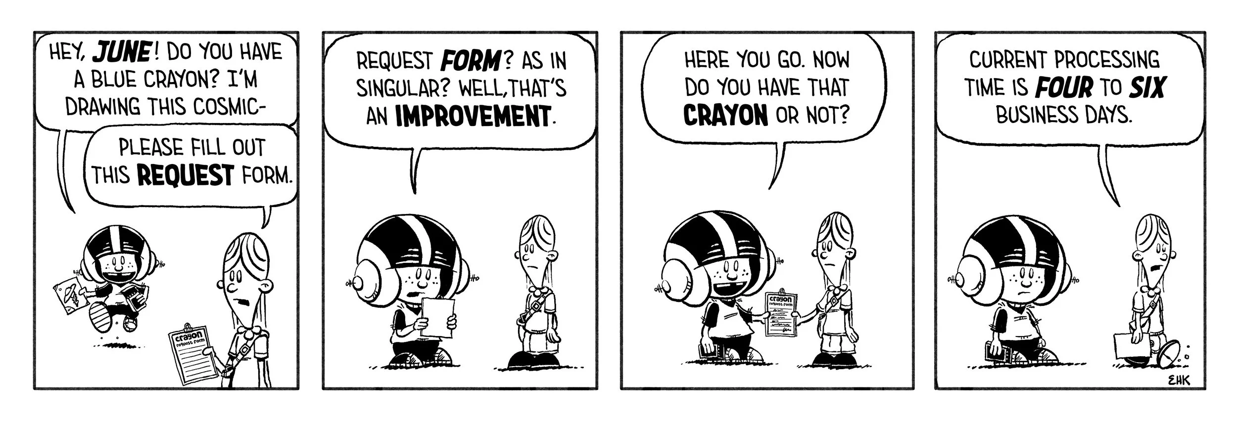 Comic strip featuring a girl asking another girl about a request form, discussing the process of filling out a request form and current processing times, with speech bubbles indicating a humorous tone.