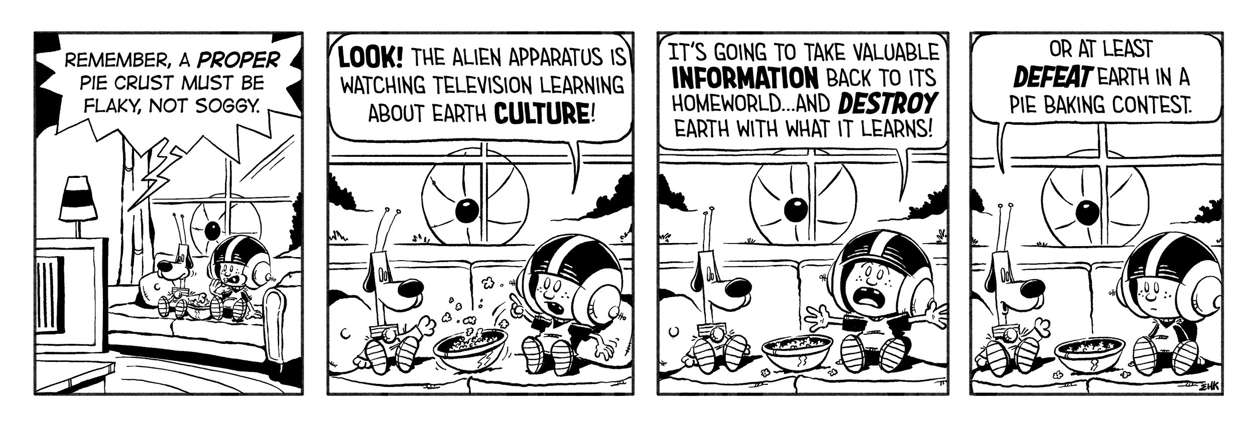 Comic strip featuring two characters sitting on a couch watching a TV. The dialogue involves a playful discussion about alien apparatus and Earth's culture, with humorous comments about destroying Earth or competing to defeat Earth in a pie baking contest.