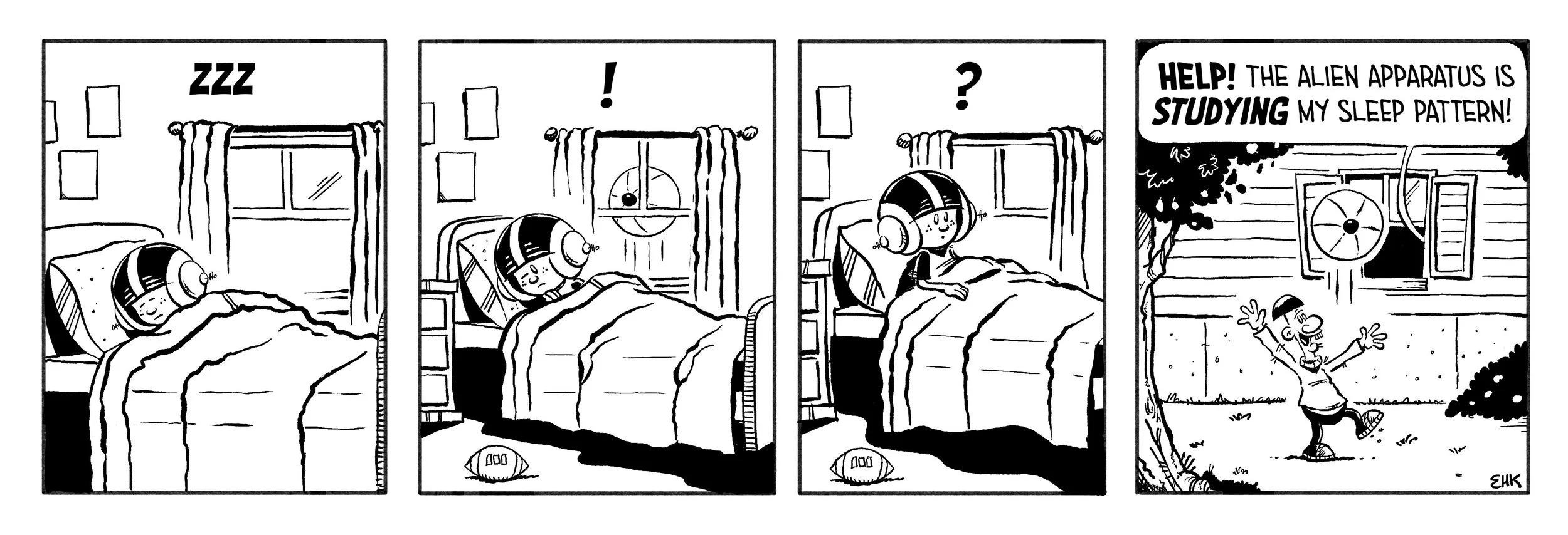 Comic strip showing a boy sleeping in his bed, waking up with a start, then realizing something is wrong, and finally calling for help because an alien apparatus is studying his sleep pattern outside the window.
