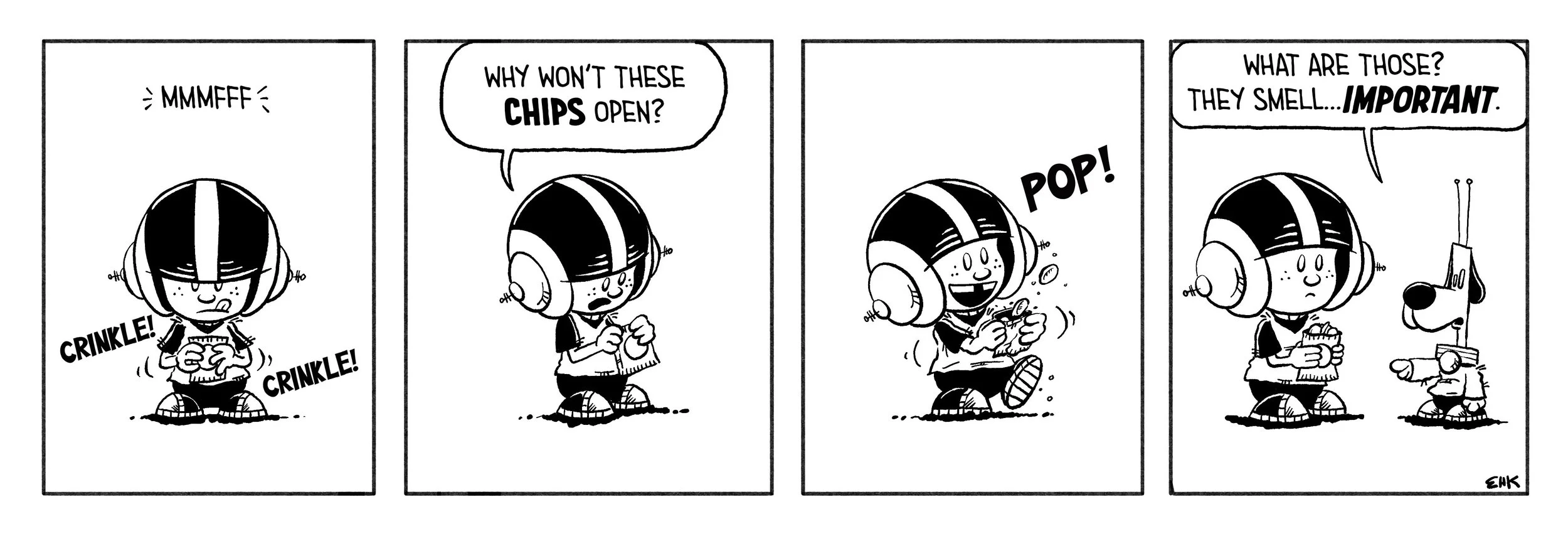 A black-and-white comic strip featuring a young boy and a dog. In the first panel, the boy is holding a bag of chips, crunching them. In the second panel, he asks why the chips won't open. In the third panel, he opens a chip bag with a "POP!" and a smiling face. In the fourth panel, the boy asks what the chips are, and the dog explains that they smell important.