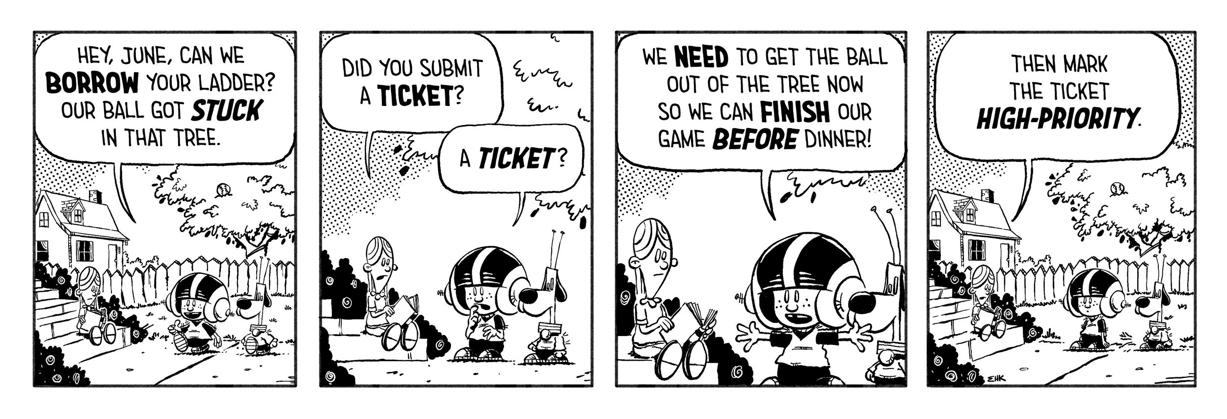 Four-panel black-and-white comic strip featuring two children discussing retrieving a ball stuck in a tree with the word "ticket" in speech bubbles.