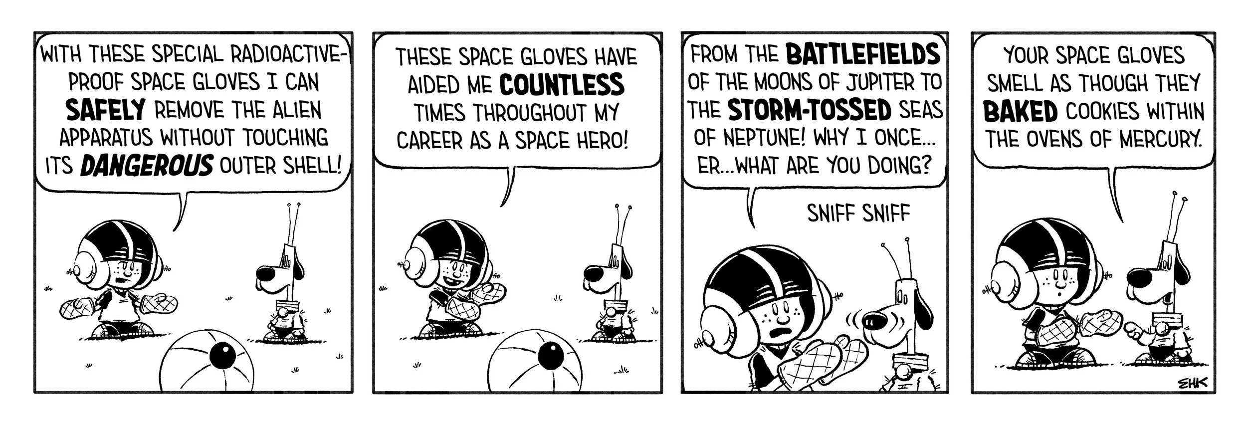 Comic strip featuring Lucy and Snoopy dressed as space explorers. Lucy shows off space gloves that safely remove alien apps without touching the shell, praising their protective qualities. She mentions these gloves have helped her in her space hero career. She humorously describes the gloves as battle-ready and scented like baked cookies from Mercury's ovens. Snoopy sniffs the gloves.