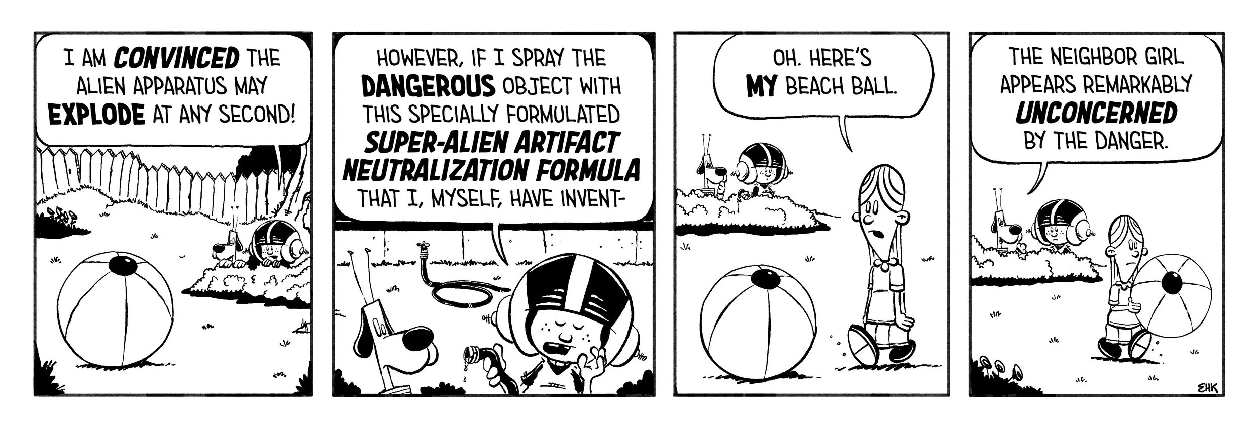 Comic strip with Snoopy and a boy talking about a beach ball and alien apparatus. Snoopy is safe with his beach ball, while a neighbor girl appears unconcerned.