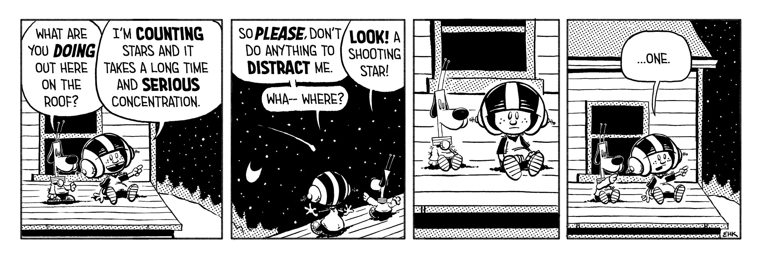 Comic strip with a girl and dog sitting on a porch looking up at the night sky. They discuss stars and a shooting star. The girl is wearing a helmet, and the dog is sitting beside her. The background shows the house exterior with siding and a window, and the night sky filled with stars and a shooting star.