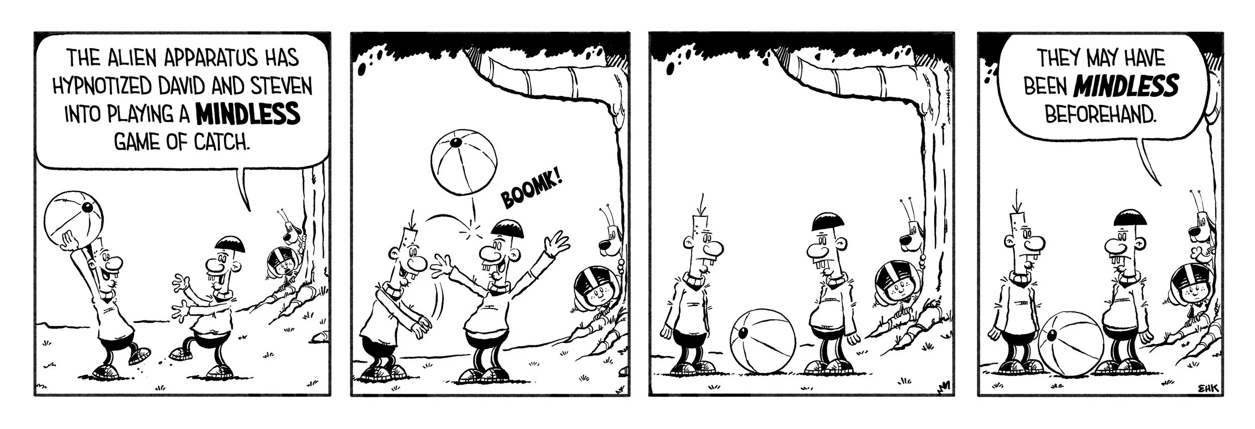 Comic strip featuring two boys playing catch, being hypnotized by aliens, with one boy hitting the ball labeled 'BOOMK!'. The alien explains the boys may have been mindless beforehand.