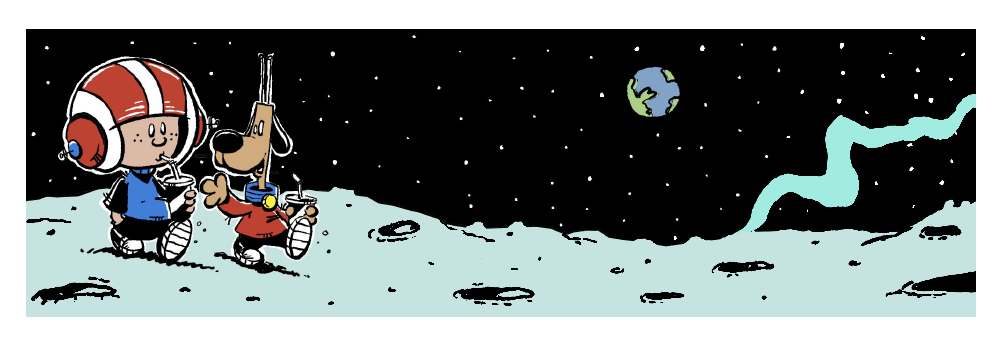 Peanuts characters Charlie Brown and Snoopy sit on the moon's surface, wearing space helmets and suits, gazing at Earth and stars in outer space.