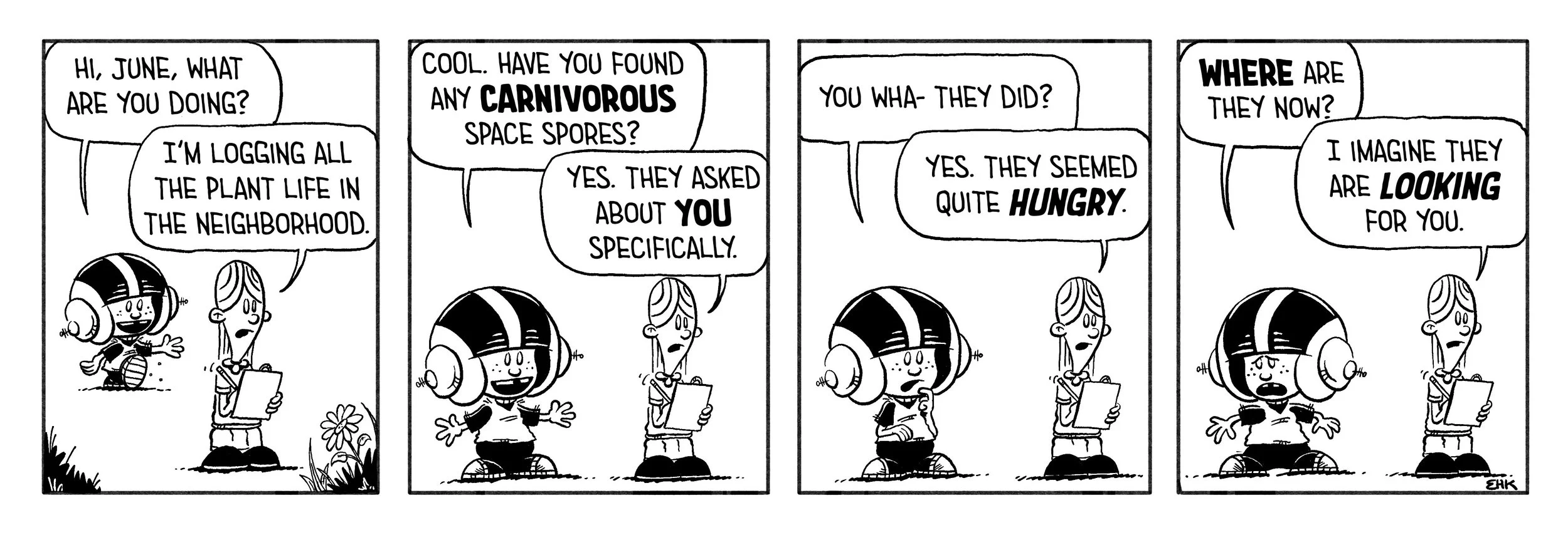 Comic strip featuring two characters, June and another girl, discussing plant life and space spores. June mentions logging plant life in the neighborhood, and the girl asks about carnivorous space spores. They talk about space creatures that seemed hungry and are looking for someone.