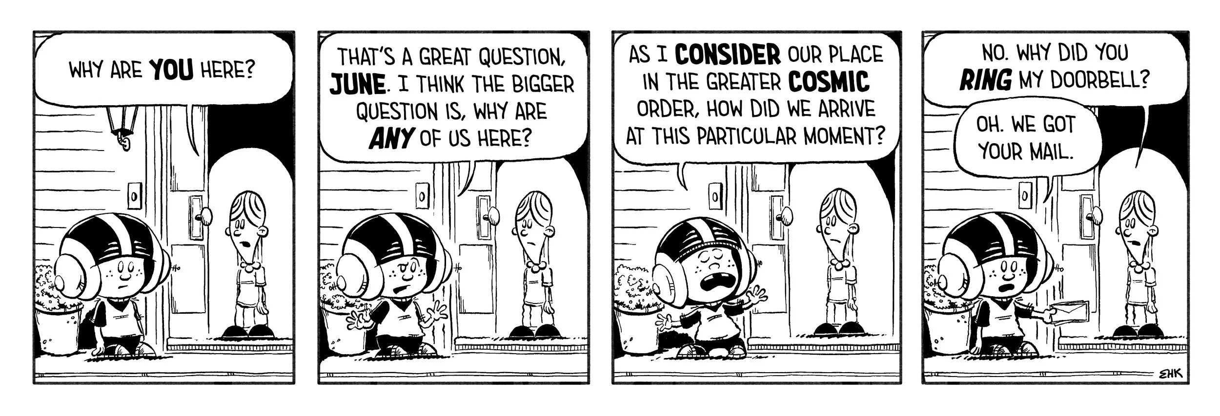 Comic strip featuring a young girl with headphones talking to a woman at her door. The girl asks why she's there, discusses cosmic considerations, and mentions mail, with the woman replying about a ring.