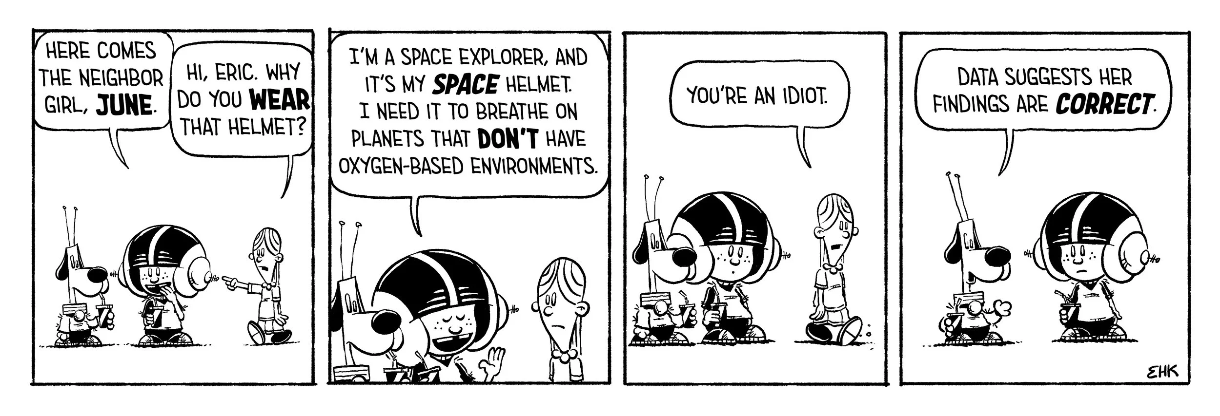 Comic strip featuring characters from Peanuts, including Snoopy dressed as a space explorer with a helmet, Charlie Brown, and Lucy. Lucy is talking to Charlie Brown about Snoopy's space helmet, which she questions as unnecessary and scientifically inaccurate.