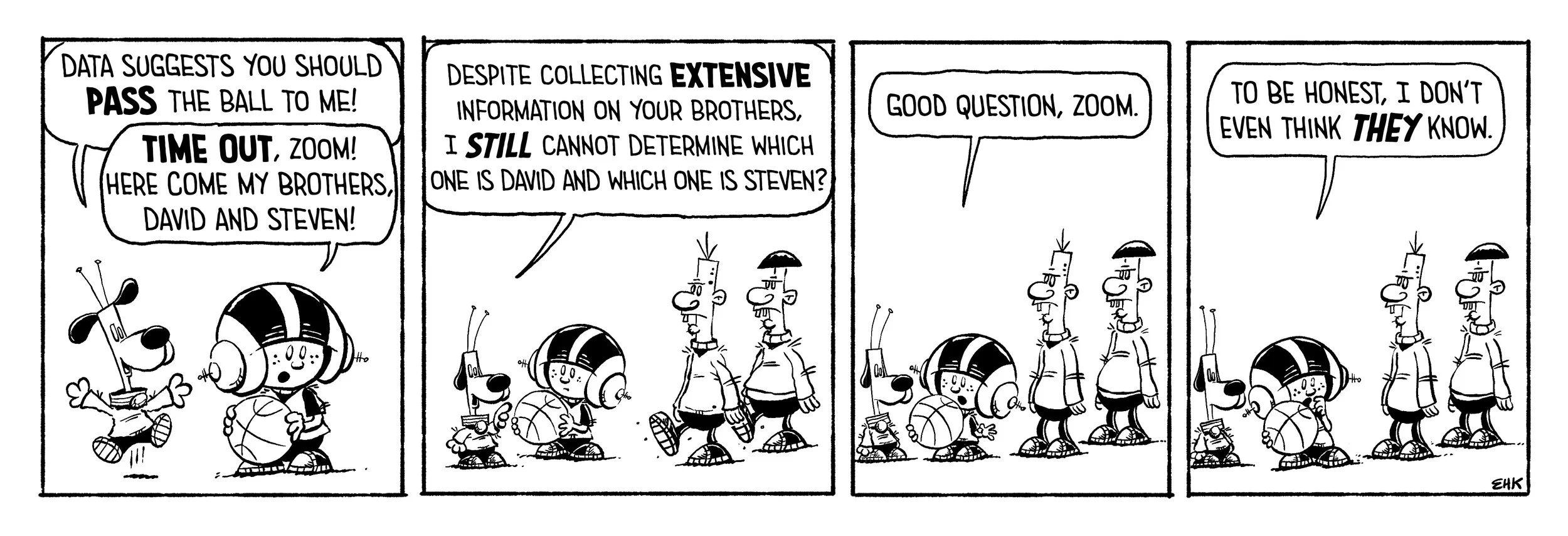 Comic strip featuring a dog, a girl wearing headphones, and two boys with pompadour hairstyles. The dog kicks a basketball, and the girl holds it. The boys walk away, discussing data confusion about David and Steven during a game.