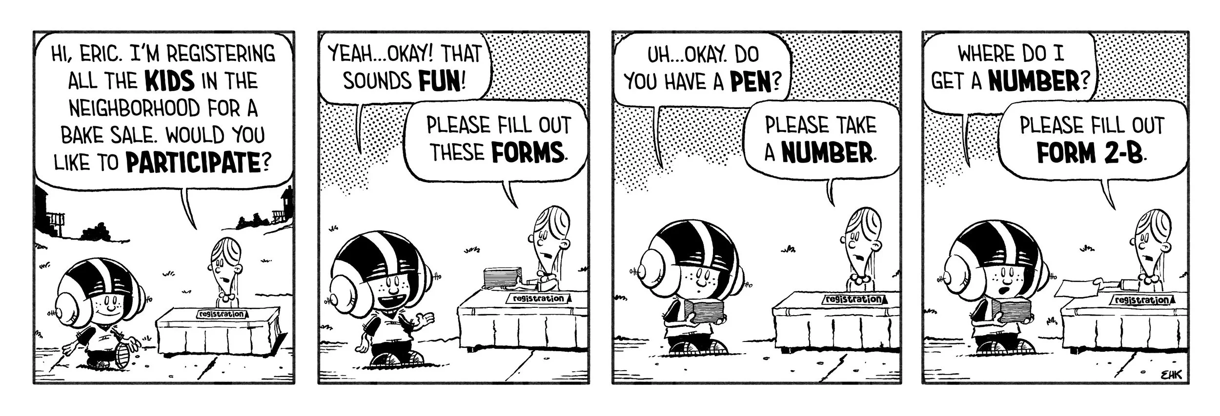 A black-and-white comic strip featuring a young boy with headphones and a girl at a table labeled 'registration.' The boy asks questions about participating, forms, pens, and getting a number, with the girl responding with instructions for each.