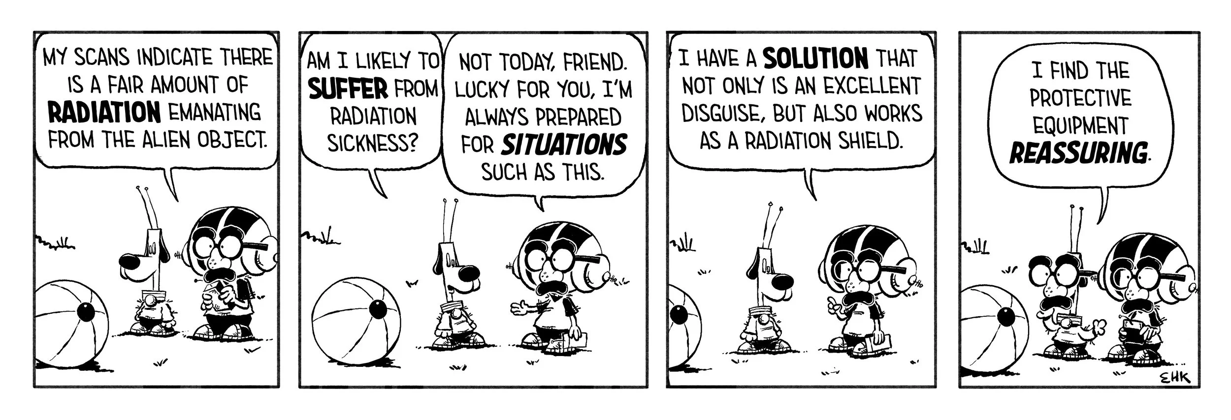 Black-and-white comic strip featuring two dogs in conversation about radiation protection. One dog explains that scans indicate radiation from an alien object, and the other dog discusses a radiation-shielding solution, which is a protective equipment that reassures.