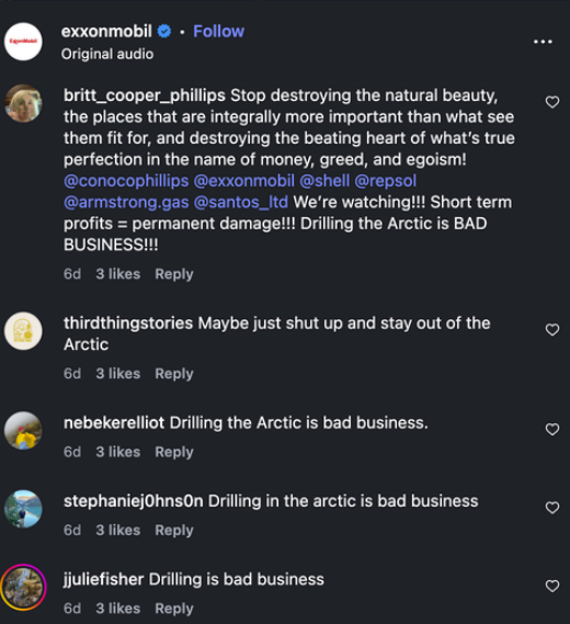 Screenshot of social media comments discussing environmental issues, mentioning the Arctic, with messages about stopping destruction of natural beauty and warnings about drilling in the Arctic.