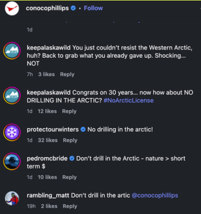 Screenshot of an Instagram comment section showing discussions about drilling in the Arctic, with various users expressing opposition to Arctic drilling.