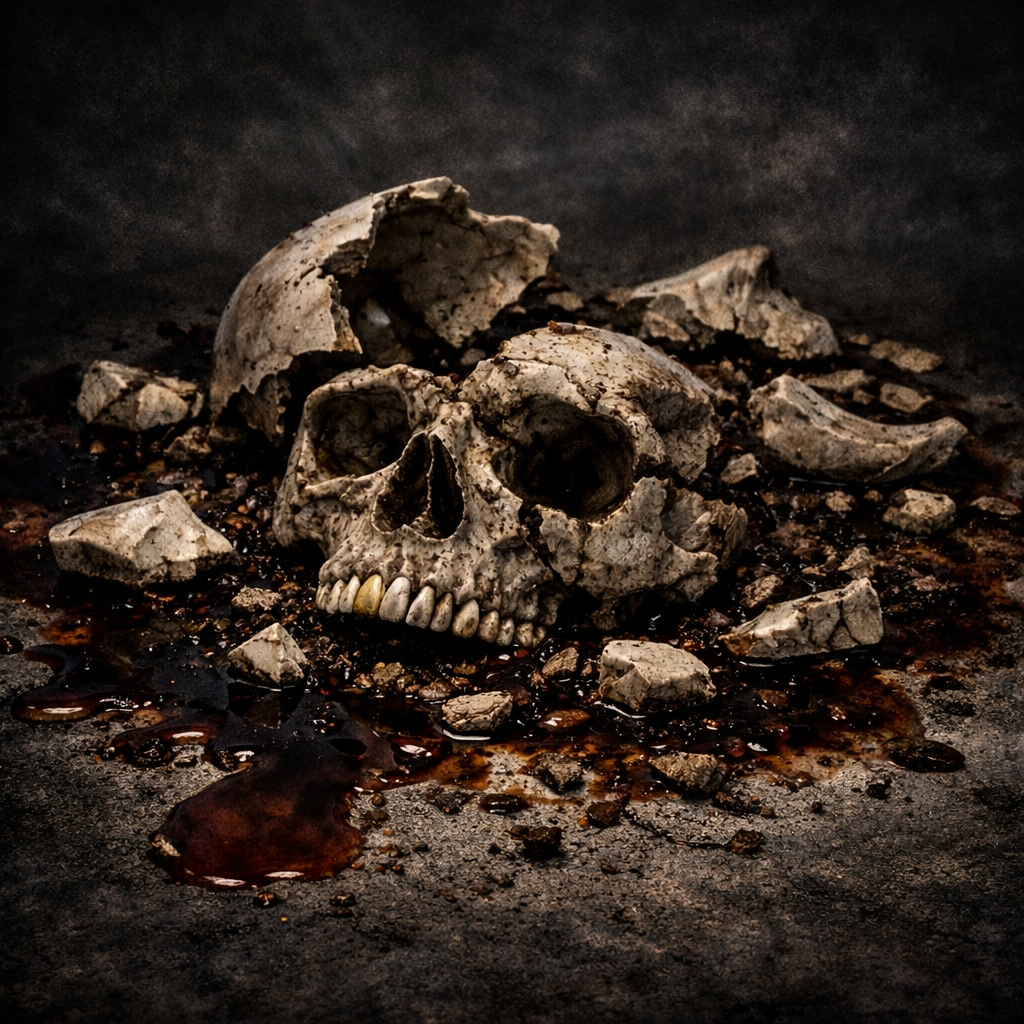 A human skull surrounded by small rocks and bloodstains on a dark surface.