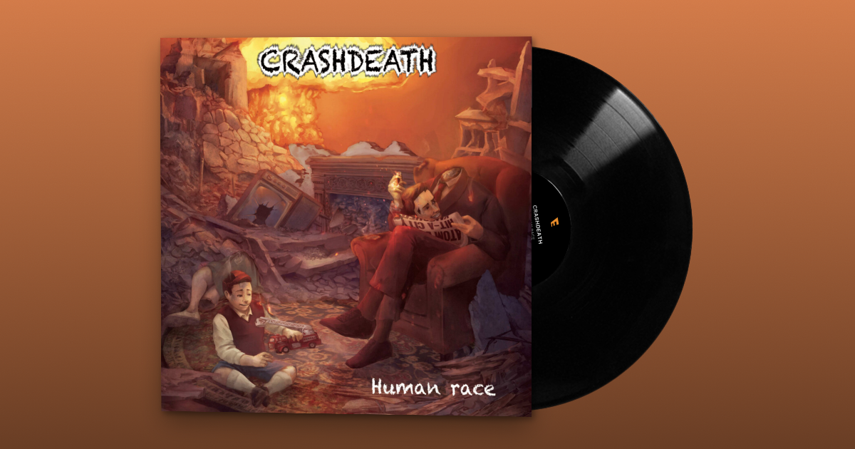 A vinyl record album cover titled 'Crashdeath' with artwork depicting a surreal scene of a destroyed room with ruins, including a broken photo frame, rubble, and a collapsed structure. A person in red pants and a black hat is sitting in a chair reading a newspaper, while a young boy is sitting on the floor playing with a toy fire truck. The album is named 'Human race'.