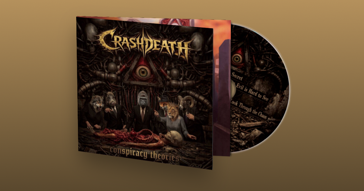 Album cover for CrashDeatht's 'Conspiracy Theories' featuring five human-like figures with animal masks, a large eye symbol, and dark, surreal background elements.
