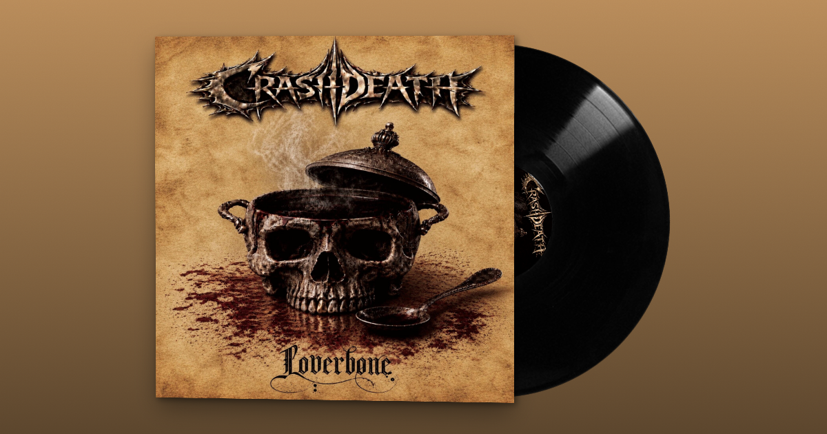 Album cover with a skull under a metal lid, a spoon, and blood stains, titled "Loverbone" by Crashdeath.