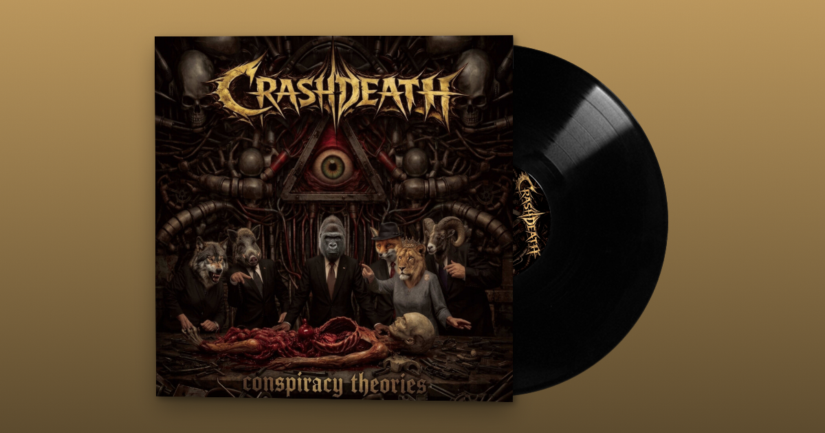 Album cover for Crash Death's 'Conspiracy Theories' featuring anthropomorphic animals wearing suits and masks, with a grotesque, surreal background including skulls, an eye in a triangle, and tentacle-like structures, with a vinyl record partially visible.