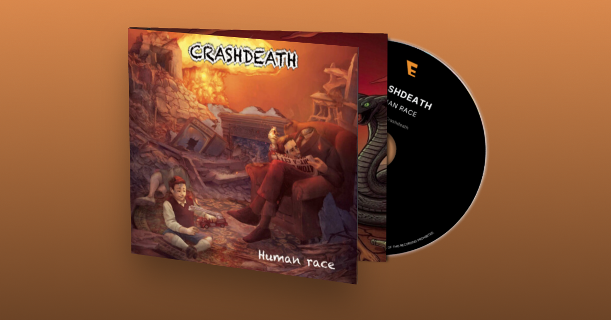 Album cover with a cartoonish scene depicting destruction and chaos, featuring a young boy with a red headband sitting on the floor, an adult with a dog reading a newspaper, and a dragon-like creature in the background. The title "Crashdeath" is at the top, and "Human Race" is written at the bottom.