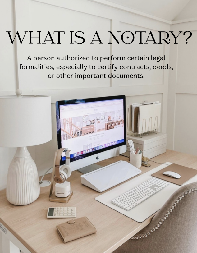 A workspace with a computer, monitor, and various office supplies, with a title slide in the background that reads 'What is a Notary?' and explains a notary as someone authorized to perform legal formalities like certifying contracts, deeds, or important documents.
