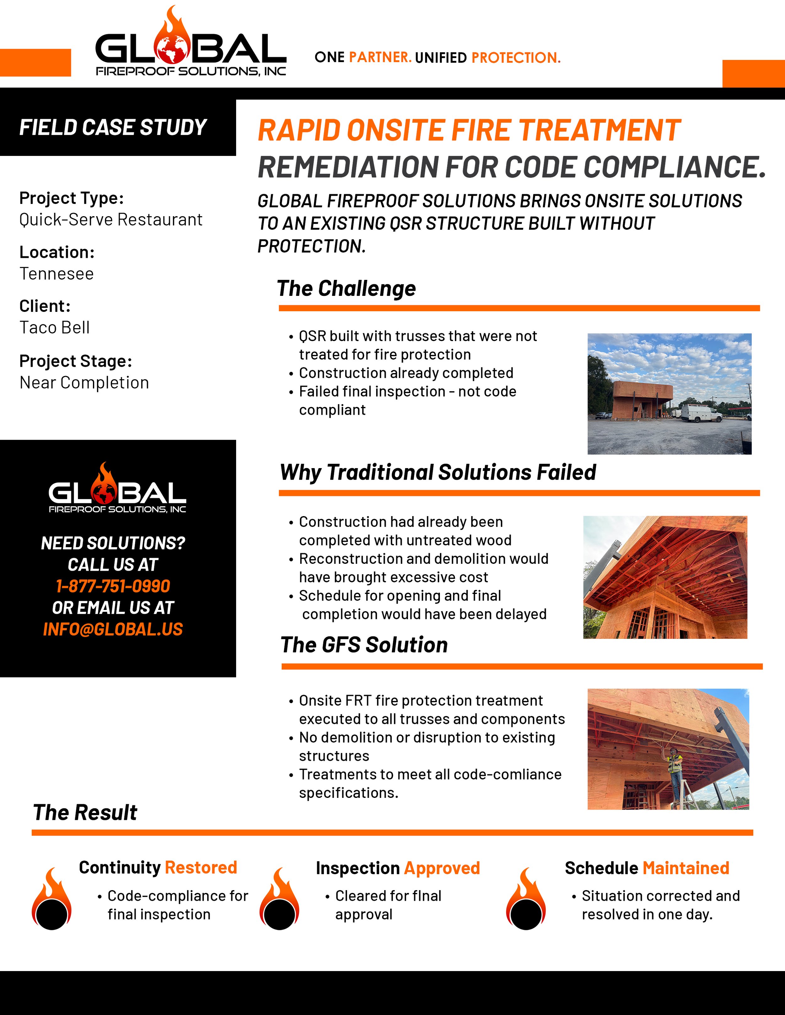 A brochure for Global Fireproof Solutions, Inc. detailing onsite fire treatment solutions for a quick-serve restaurant project in Tennessee owned by Taco Bell. It explains challenges with traditional fire protection methods and presents their innovative fire-resistant timber system (GFS). The brochure includes images of construction and icons, with sections on inspection, approval, and maintenance of fire protection systems.