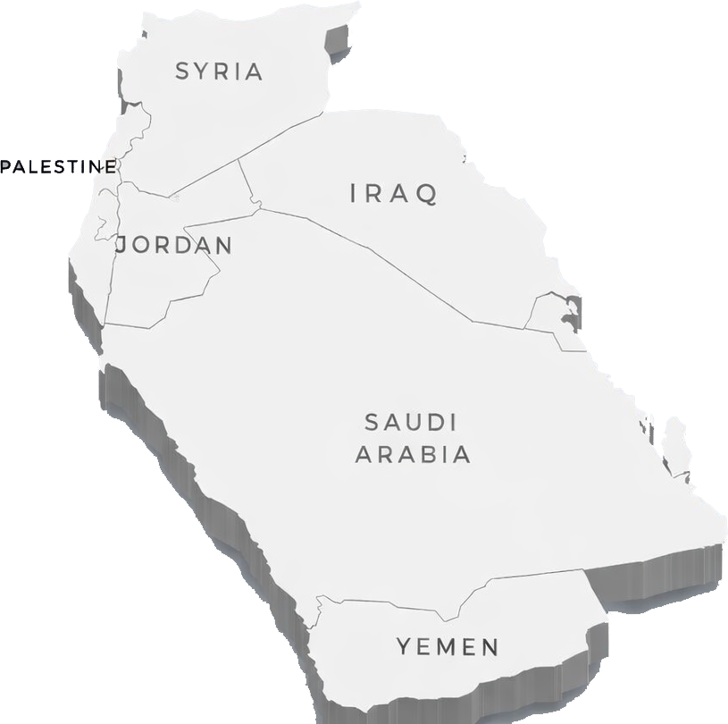 Map of Middle Eastern countries including Syria, Palestine, Jordan, Iraq, Saudi Arabia, and Yemen.