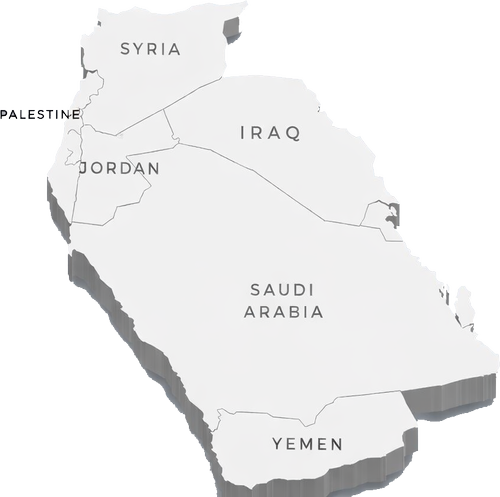 Map showing service regions including Jordan, Iraq, Saudi Arabia, Syria, Yemen, and Palestine