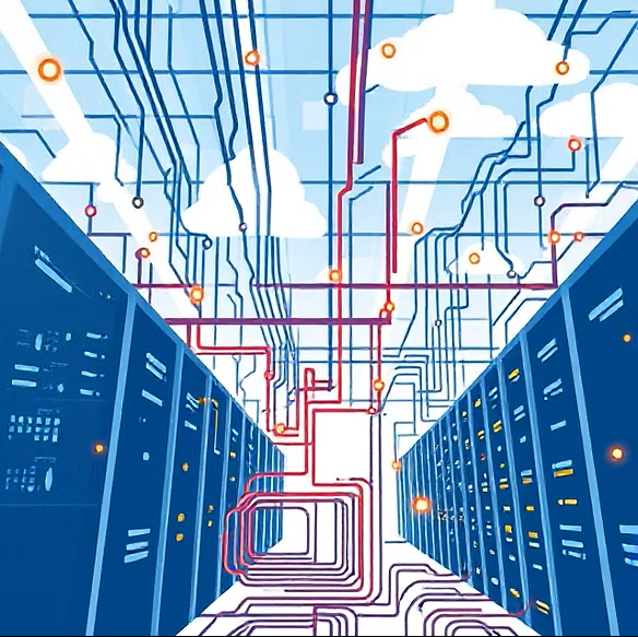Illustration of a data center with server racks, network cables, and clouds, representing cloud computing.