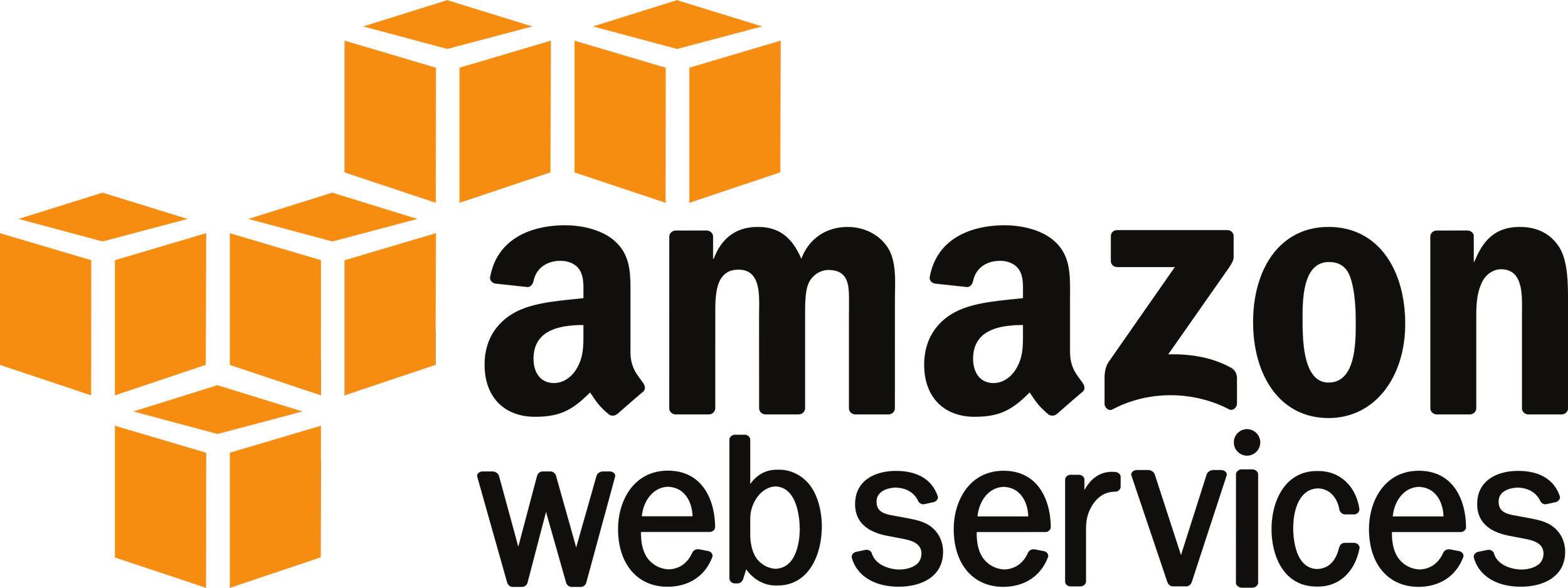 Amazon Web Services logo with orange cubes and black text.