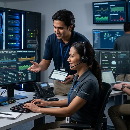 IT support team working in a control room with multiple monitors displaying graphs and data.