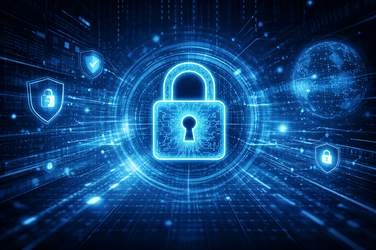 A digital graphic representing cybersecurity with a glowing blue padlock at the center, surrounded by shield icons with padlocks and checkmarks, and a globe on the right, all set against a digital network background.