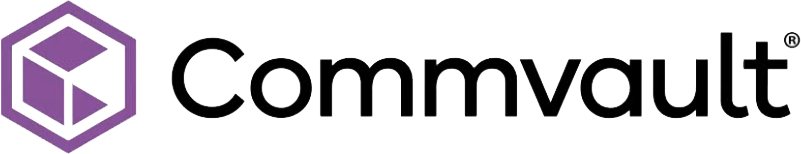 Commvault logo with purple geometric cube icon and black text on a black background