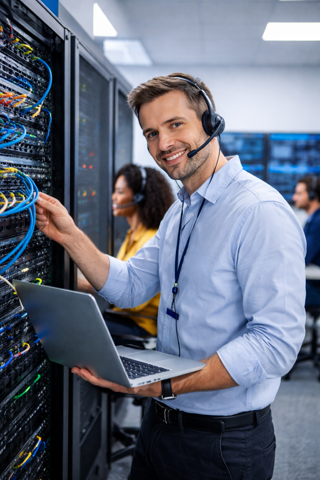 A male IT technician wearing a headset, holding a laptop, and working on a server rack in a data center.
