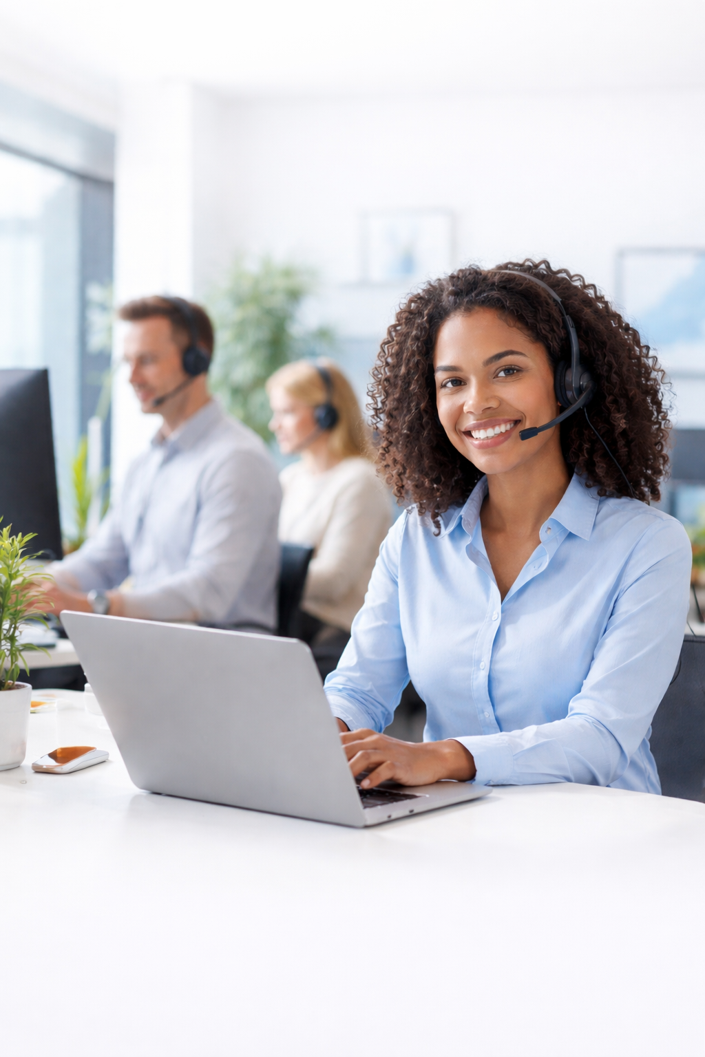 Customer service representatives working at computers with headsets in an office.