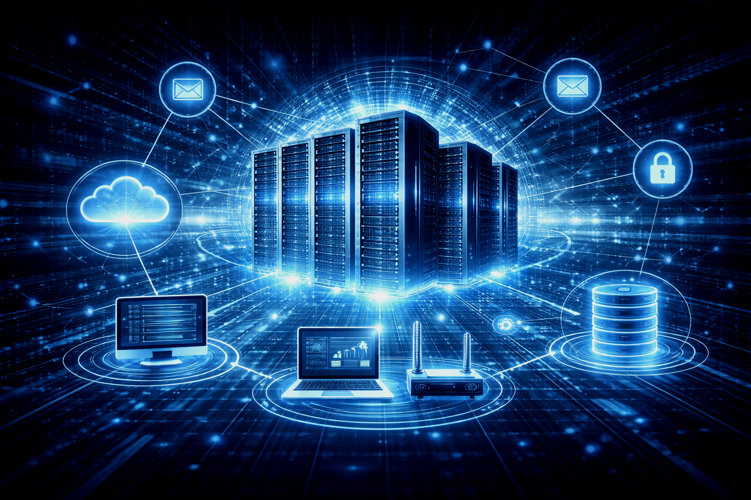A digital illustration of cloud computing technology with server racks at the center surrounded by icons representing email, cloud storage, security lock, database, monitor, and router, all connected by glowing lines.