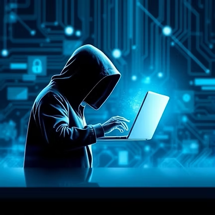 Person wearing a hoodie using a laptop with a digital background.