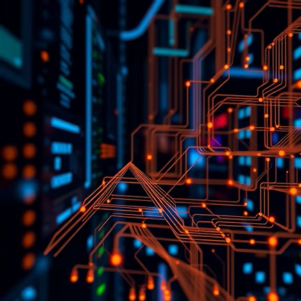 Close-up of a circuit board with glowing orange and blue electronic connections and components.