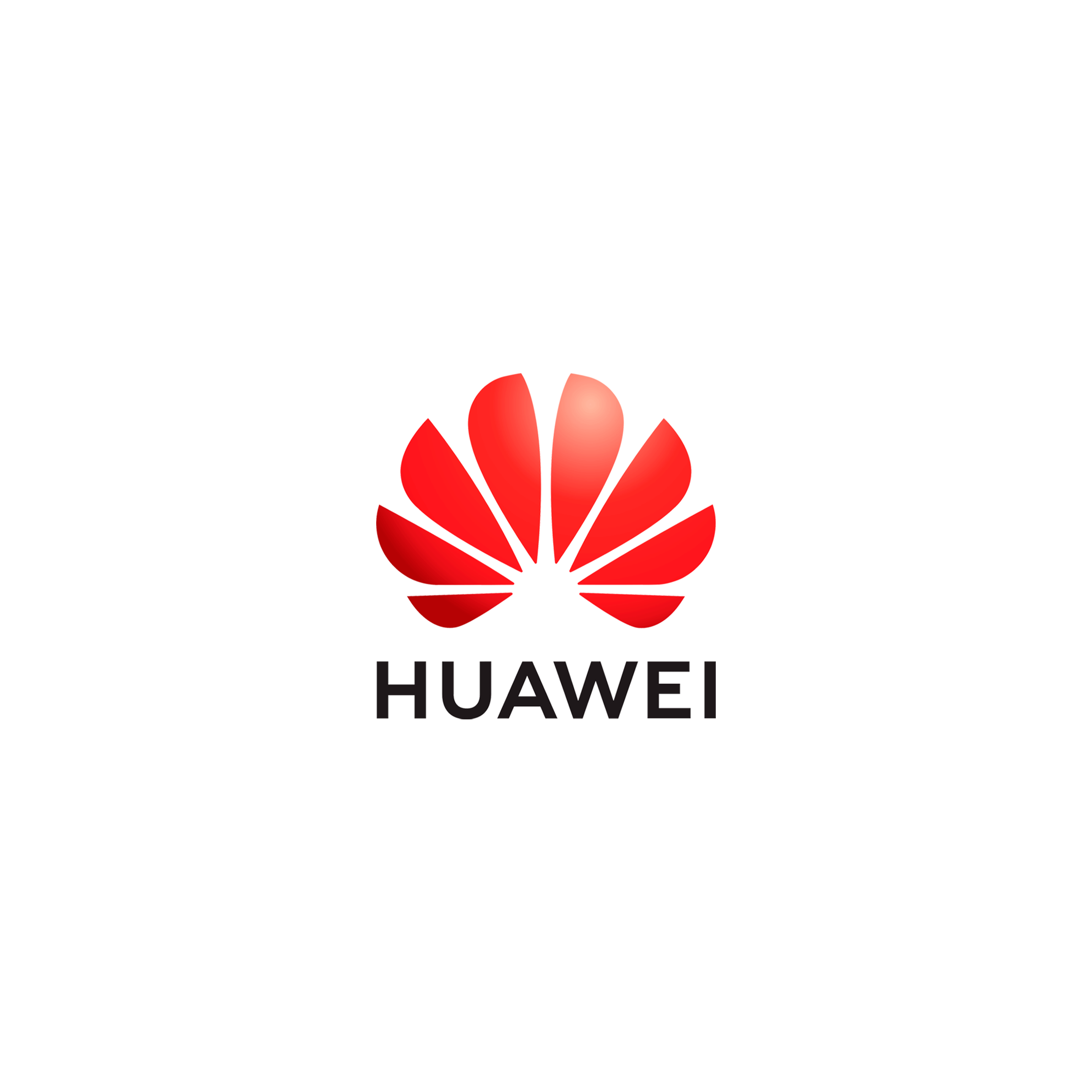 Huawei logo with red petal design and the word Huawei below in black text.