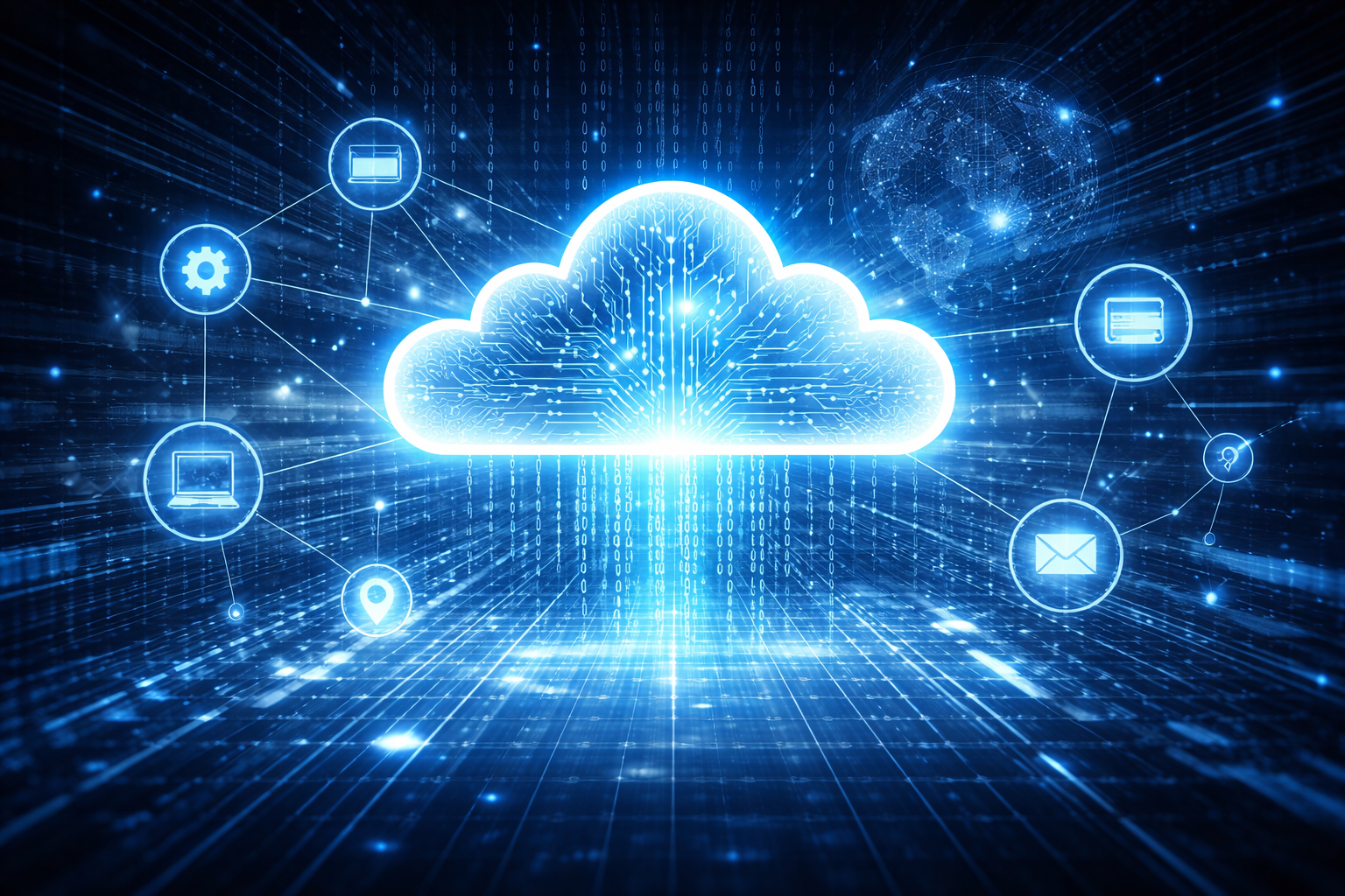 Digital illustration of a glowing cloud representing cloud computing, with interconnected icons like gear, laptop, location pin, envelope, credit card, and light bulb, against a dark blue background with digital data streams and a globe.