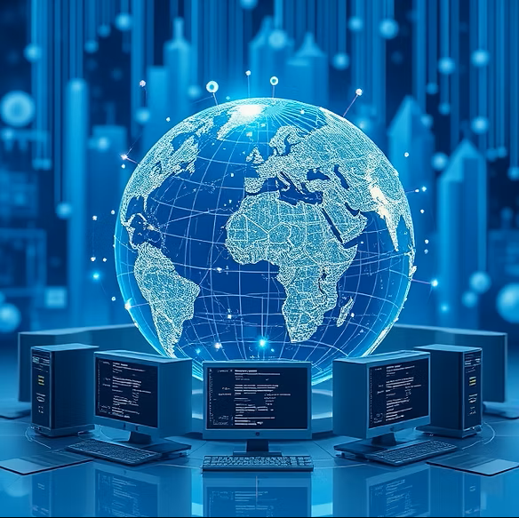 A digital representation of Earth with a high-tech data center background, featuring multiple computer servers and monitors displaying code, illustrating global technology and data networks.